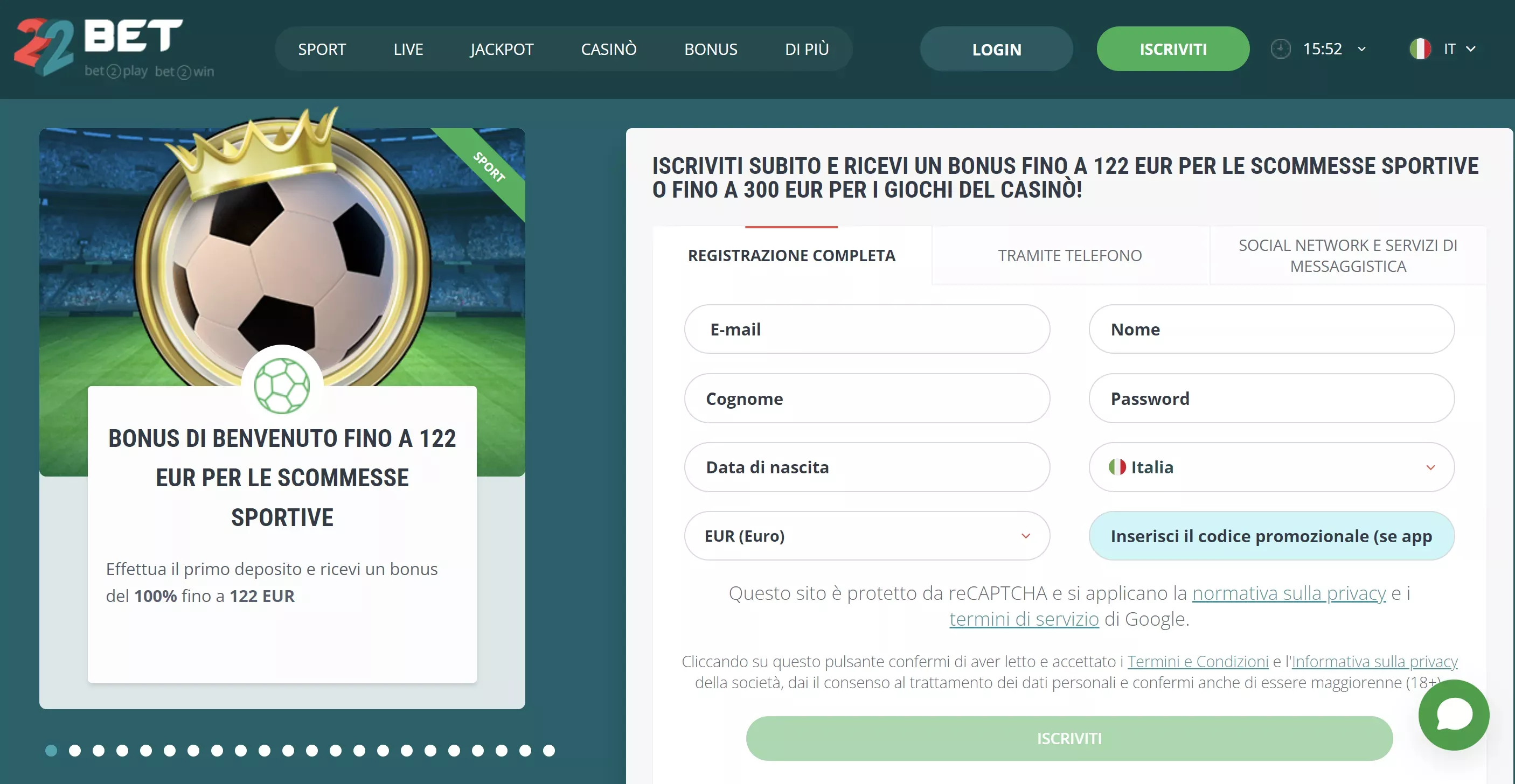 22bet bonus senza deposito TOC 5